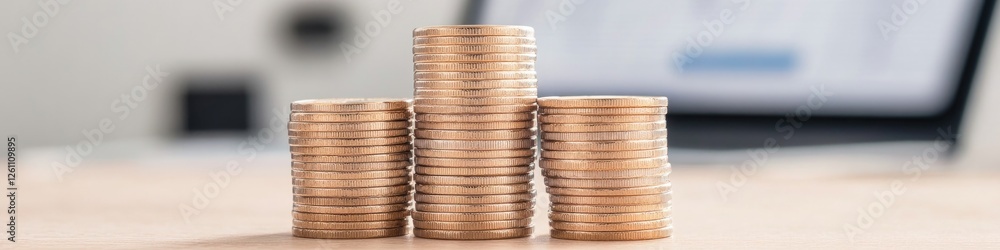 Poster macro shot of cryptocurrency coins arranged in stack captured under soft natural light with blurred 