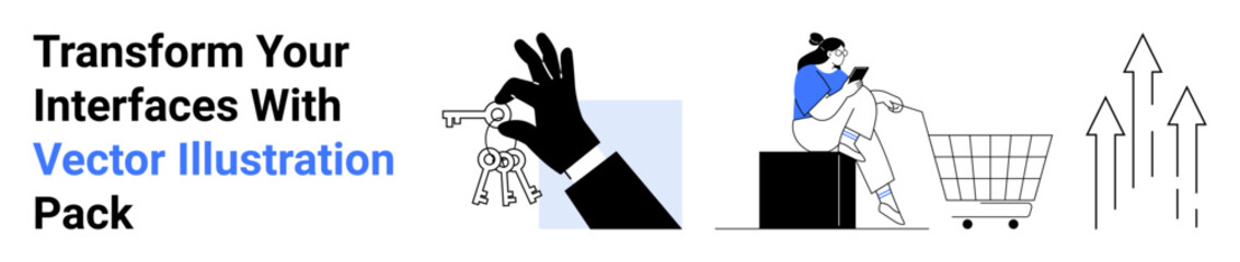 Hand holding keys, woman browsing on phone by shopping cart, upward arrows symbolizing growth. Ideal for e-commerce, business, marketing, technology, innovation, investment flat landing page banner