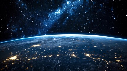 Fototapeta premium The night sky is filled with stars and the moon. The stars are scattered all over the sky, and the moon is shining brightly