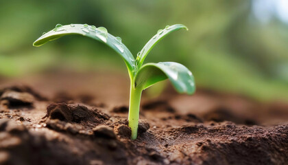 Extreme close up of a green plant sprouting from the soil, with morning dew on the leaves, soft sunlight illuminating the tiny droplets.