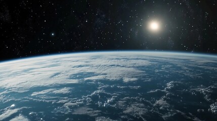 Obraz premium A clear blue sky with a bright sun shining down on the Earth. The sun is positioned in the middle of the sky, and the stars are scattered throughout the background