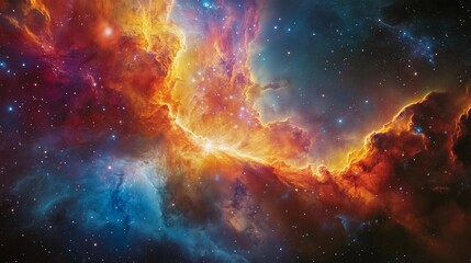 Fototapeta premium A colorful space with a red cloud in the middle. The sky is filled with stars and the colors are vibrant