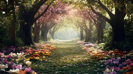 Whimsical forest clearing surrounded by colorful blossoms for enchanting wedding photography
