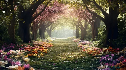 Fotobehang Whimsical forest clearing surrounded by colorful blossoms for enchanting wedding photography © LovelyArt