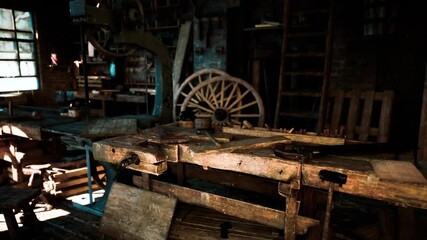 The workshop features a sturdy wooden workbench surrounded by an array of old tools, with natural light illuminating the rustic atmosphere, reflecting a bygone era of craftsmanship.