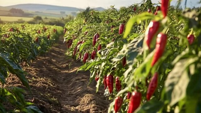 A vibrant chili pepper field, with rows of lush green plants bearing bright red chili peppers. The scene captures the peppers growing on the plants, with their glossy, fiery-red appearance standing ou