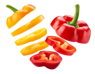 Pepper slices pieces falling isolated on white background, cut out