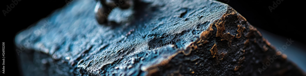 Poster close-up of dark metallic object with textured surface