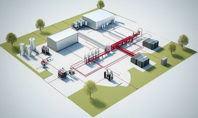 Industrial plant schematic, efficient system design, green energy technology.