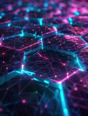 Obraz premium A glowing polygonal grid in bright cyan and neon green illuminates a dark setting, highlighting a digital landscape