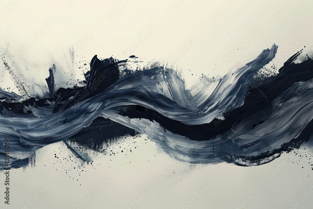 Poster ink splashes blend elegantly in a minimalist piece, evoking calm and meditation through texture and 