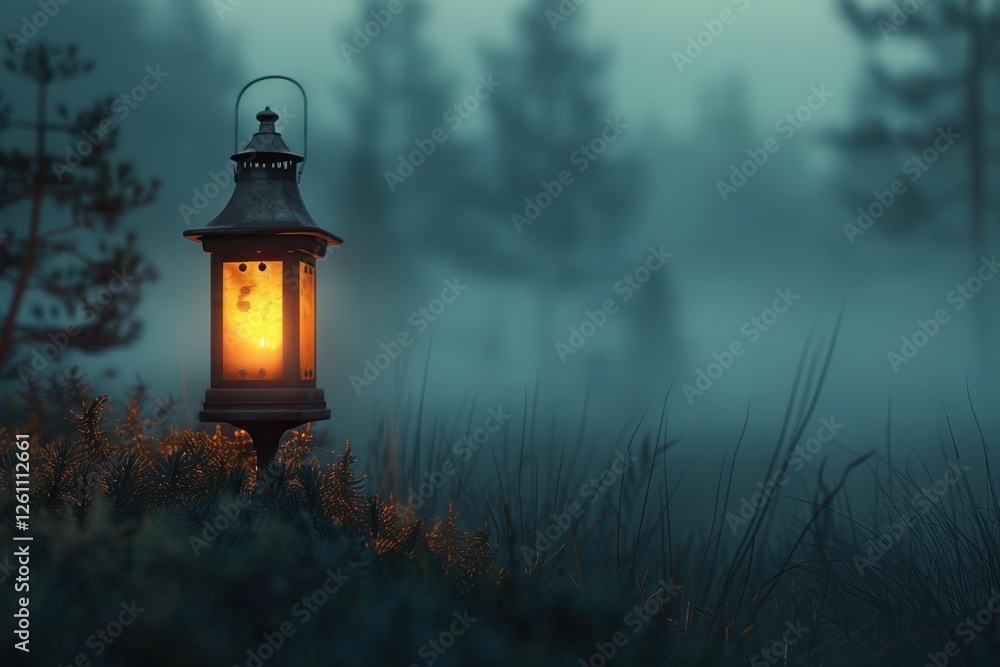 Poster a soft golden glow from a lantern pierces through the cool fog in a peaceful forest, creating an inv