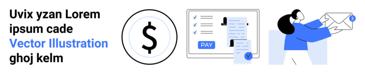 Dollar icon, payment confirmation screen, person mailing an envelope. Ideal for finance, transactions, e-commerce, communication, workflow invoices online services. Abstract line flat metaphor