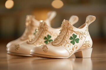 Symmetrical Close-Up of Irish Dance Shoes With Shamrock Designs on Neutral Wooden Floor Showcasing Modern Minimalist Presentation