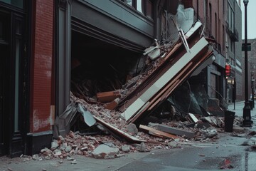 Building collapse debris strewn across street