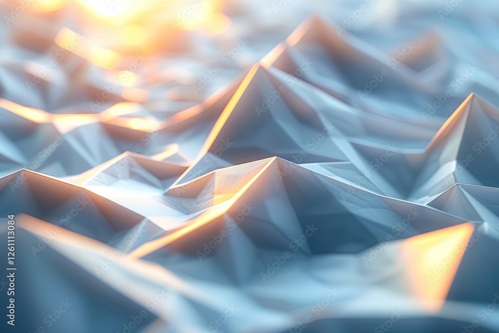 Poster glowing polygonal surface illuminated from behind, creating a weightless and ethereal atmosphere wit