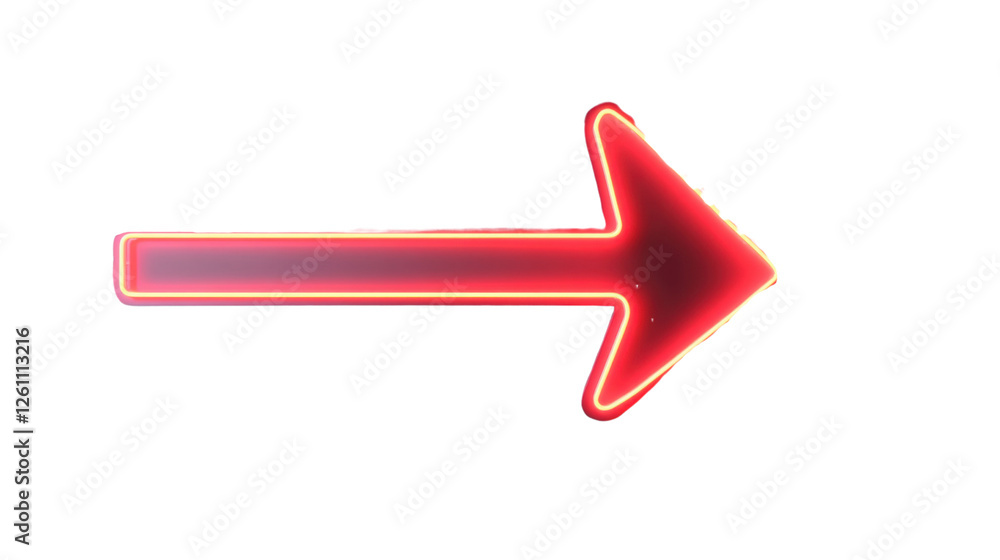 Poster red neon arrow pointing right on transparent background