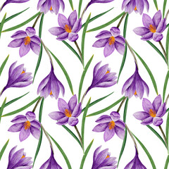 Cotton fabric seamless pattern with crocus flower in violet color, hand drawn in watercolor, isolated on white. botanical illustration. Elements for cards, textile, prints, wedding design