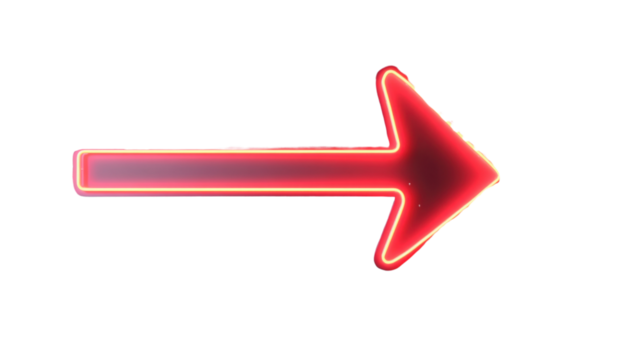 Red neon arrow pointing right on transparent background