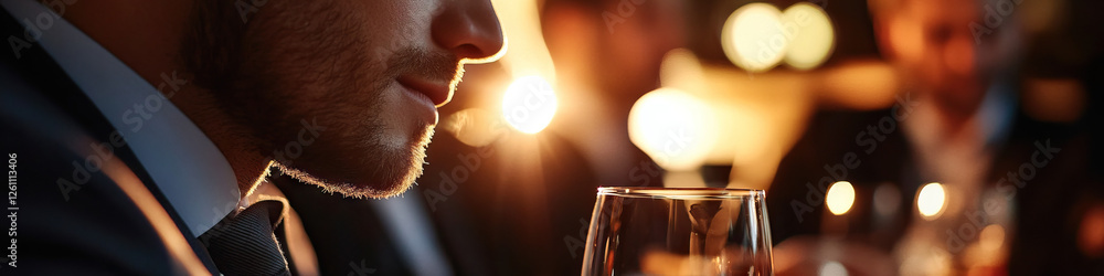 Poster man in suit near empty glass in dimly lit setting
