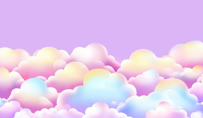 Seamless pattern of pastel colored cumulus clouds creating a dreamy and ethereal atmosphere against a vibrant purple sky