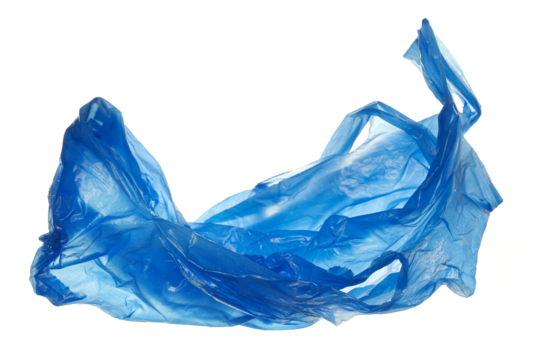 Blue crumpled nylon bag flying isolated on white, clipping path	