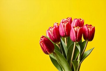 Wrap tulips in kraft paper on a yellow background. Free space for text.

