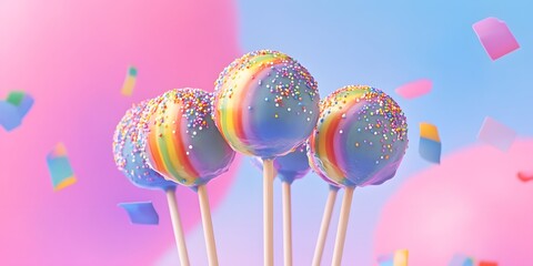 Rainbow Cake Pops: A whimsical arrangement of colorful rainbow cake pops adorned with sprinkles, against a backdrop of pastel pink and blue, conjuring up a delightful sensory experience.