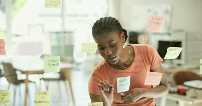 Business woman, writing and glass board for marketing list, project ideas and problem solving with sticky notes. African employee with creative mindmap, startup planning and brainstorming with goals