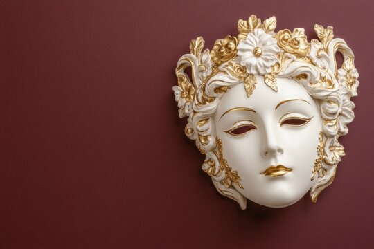 Intricate Venetian Mask With Elegant Golden Details Against a Deep Maroon Background, Ideal for Creative Projects or Decorative Use
