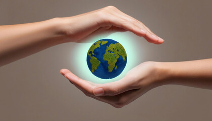 Extreme close up of hands with a miniature Earth floating above them, made from organic elements like leaves, branches, and earth tones.