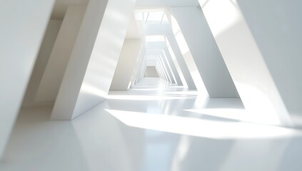 Sunlit white corridor, futuristic architecture, background light, design concept