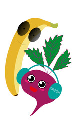 Banner-menu-fruits-vegetables-cartoon characters, Smiling fruits and vegetables with human characteristics,Cartoon illustration of funny characters food objects made from fruits and vegetables