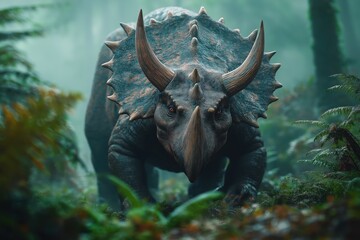 Fototapeta premium A majestic triceratops surveys its prehistoric landscape, embodying strength and wisdom