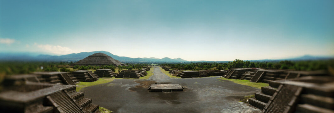 Elevated view of Teotihuacan pyramids archaeological site in the Valley of Mexico, Mexico.