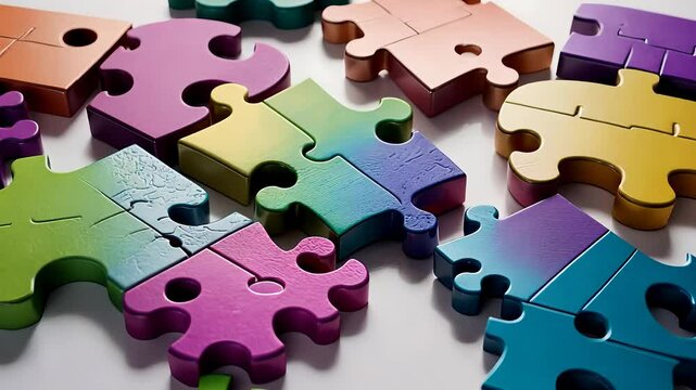 Scattered Colorful Jigsaw Puzzle Pieces on a White Surface with Glossy Texture and Vibrant Gradient Shades

