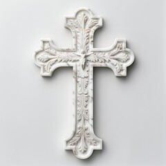 Elegant Ornate Marble Cross Religious Symbol Christian Faith White Background Detailed Carving Exquisite Design Holy Symbolism Spiritual Decor        