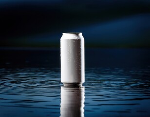White soda can with cinematic lighting, moody water reflections