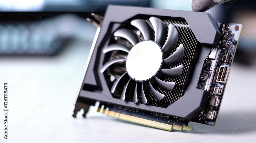 Poster precise view of heat sink being installed on graphics card with intricate details of components