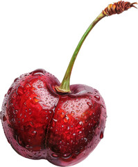 Red juicy ripe cherry with water droplets green petiole cut out on white or transparent background png