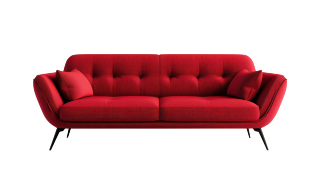 Modern red sofa isolated on transparent background with cushions