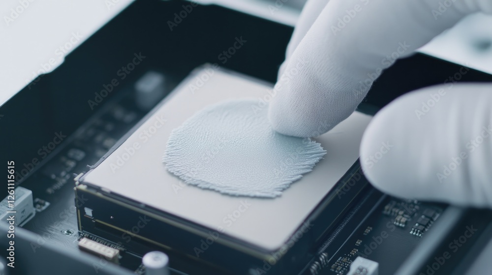 Poster precise view of thermal paste being spread onto processor by gloved hand