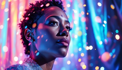 Radiant gaze of a woman amidst a bokeh dreamscape of electric hues