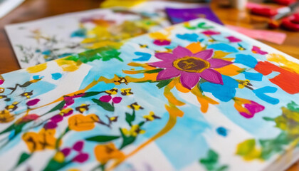 Extreme close up of a handmade Mother's Day card with intricate designs, floral patterns, and colorful drawings, surrounded by small flowers.