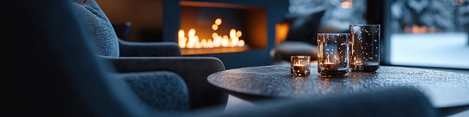 Interior Scene with Armchairs, Lit Candle Holders, and Fireplace