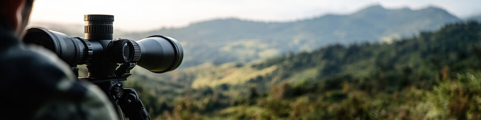 Naklejka premium Person Using Spotting Scope to Observe Hilly Landscape