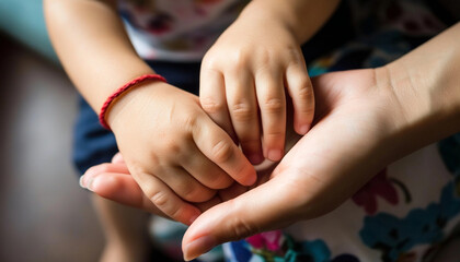 Extreme close up of a mother and child's hands entwined, with the mother's hand gently cradling her child's small hand, symbolizing trust and protection.