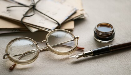 Fototapeta premium 빈티지 우편 엽서와 함께 올려진 둥근 안경, 클래식한 만년필