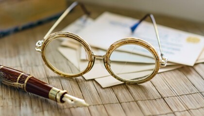 빈티지 우편 엽서와 함께 올려진 둥근 안경, 클래식한 만년필