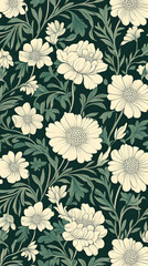 A seamless pattern of vintage floral motifs, with delicate white flowers and green leaves
